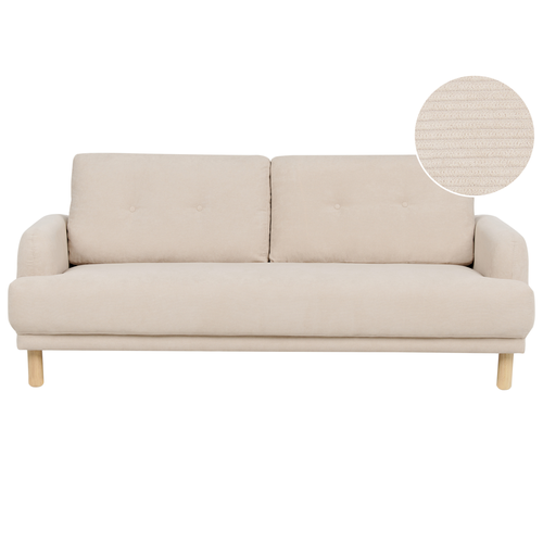 3-Sitzer Sofa Beige Cord mit Hohen Holzbeinen Armlehnen Knopfheftung Skandinavisch Retro Modern Wohnzimmer Ausstattung