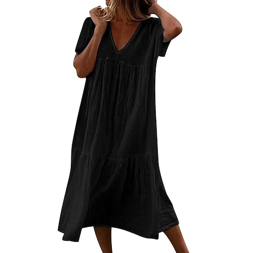 Per donna Nero Bianco Estate Primavera Abito Midi Abito Bianco Abiti in cotone e lino Abito in lino Casual Quotidiano Vacanza Vestibilità comoda Semplice Scollo a V