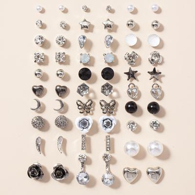 TEMU 30 Pairs Silver Color Rhinestone Butterfly Love Heart Crystal Zirconia Faux Pearl Small Flower Waterdrop Stud Earrings Set Image
