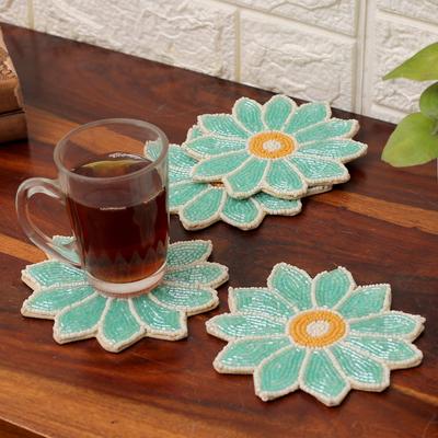 Lagoon Blooms,'Set of 4 Flower-Shaped Turquoise Glass Beaded Coasters'