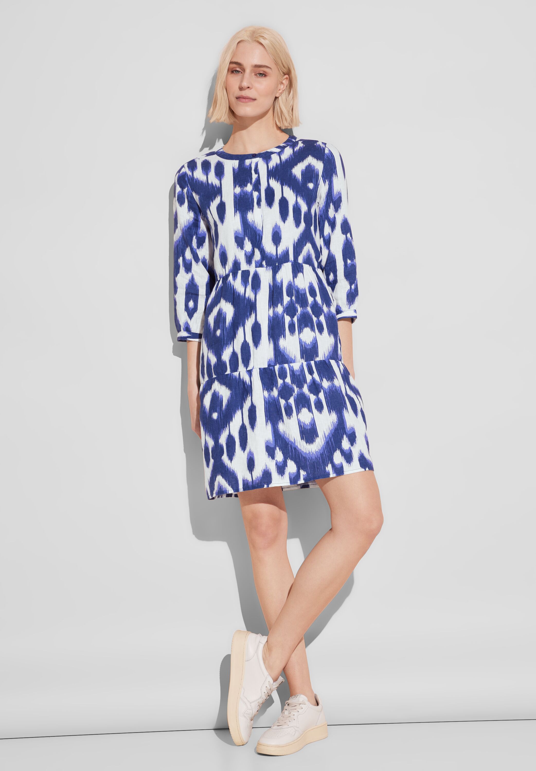 Tunikakleid STREET ONE, Damen, Gr. 44, EURO-Größen, blau (deep water blau), Stoff, 100% Leinen, gemustert, lässig geschnitten knielang, Rundhals, Bündchen, Kleider, aus Leinen