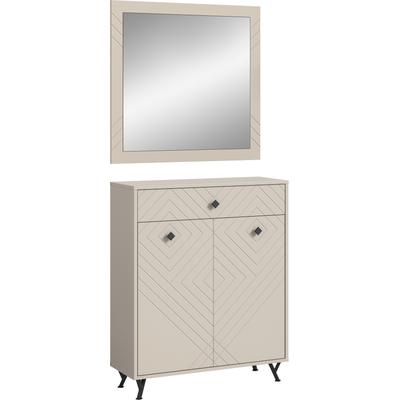 Garderoben-Set INOSIGN "Mento, 2-teilig, Ornamentfräsung in der Front, bestehend aus:", beige (sandbeige), B:80cm H:190cm T:35cm, Holzwerkstoff, MDF, Glas, Kastenmöbel-Sets, Schuhkommode & Spiegel, Metall Knopfgriffe & Y-Füße Image
