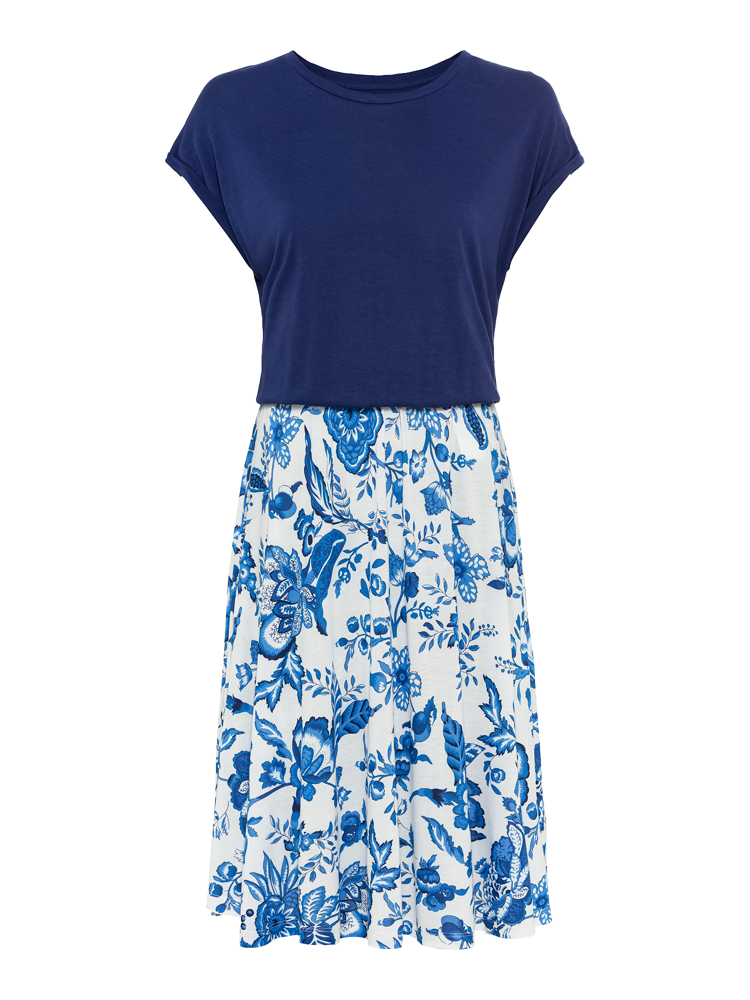 Sommerkleid LASCANA, Damen, Gr. 42, N-Gr, blau (blau, creme bedruckt), Jersey, Obermaterial: 100% Viskose, bedruckt, figurumspielend ca. Mitte Oberschenkel, Rundhals, Kleider Sommerkleid, mit bedrucktem Rock, T-Shirtkleid, Strandkleid