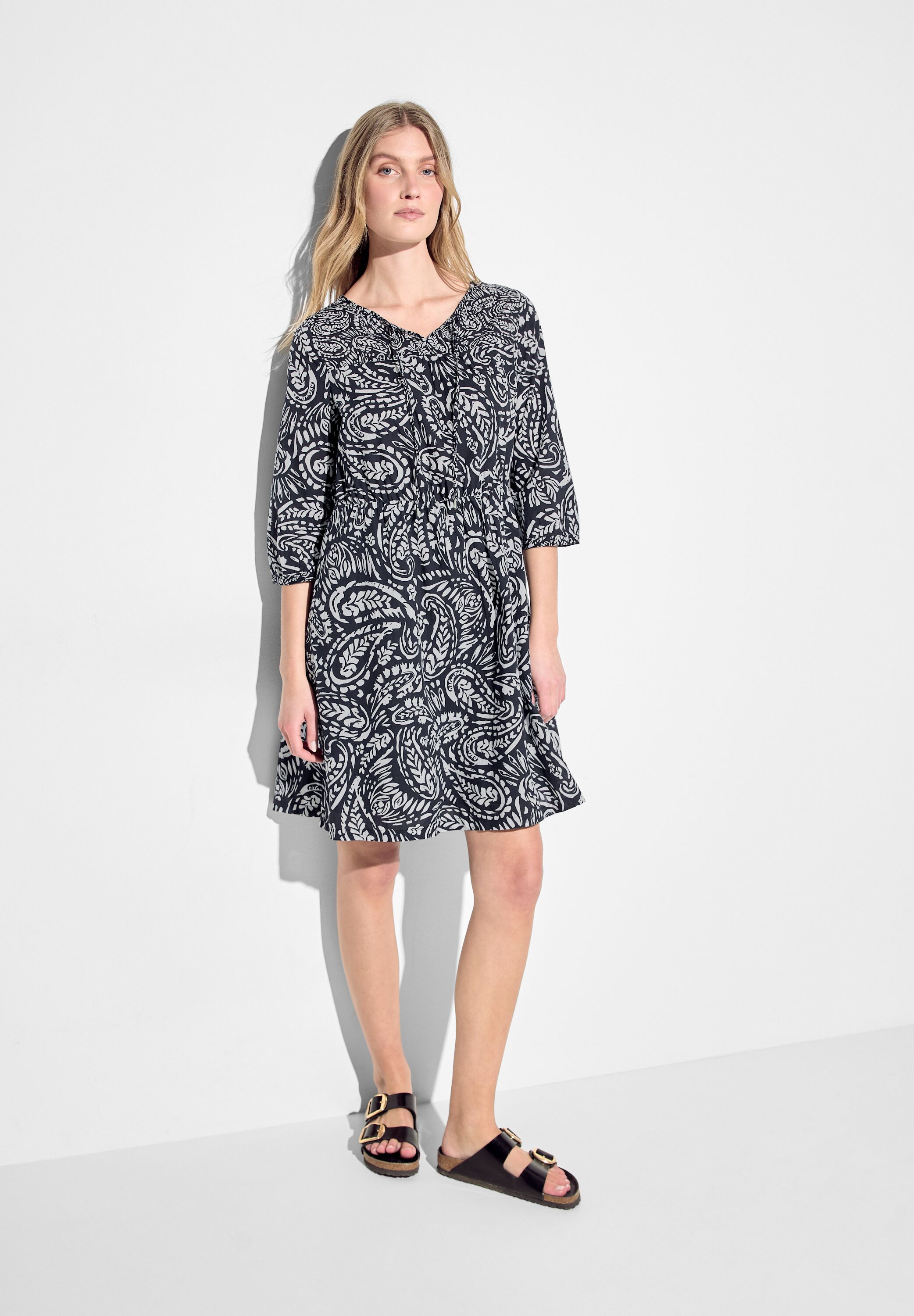 Blusenkleid CECIL, Damen, Gr. XXL (46), US-Größen, schwarz, Web, 100% Baumwolle, Paisley, gerade knielang, Rundhals, Bündchen, Kleider Blusenkleid, aus 100% Baumwolle