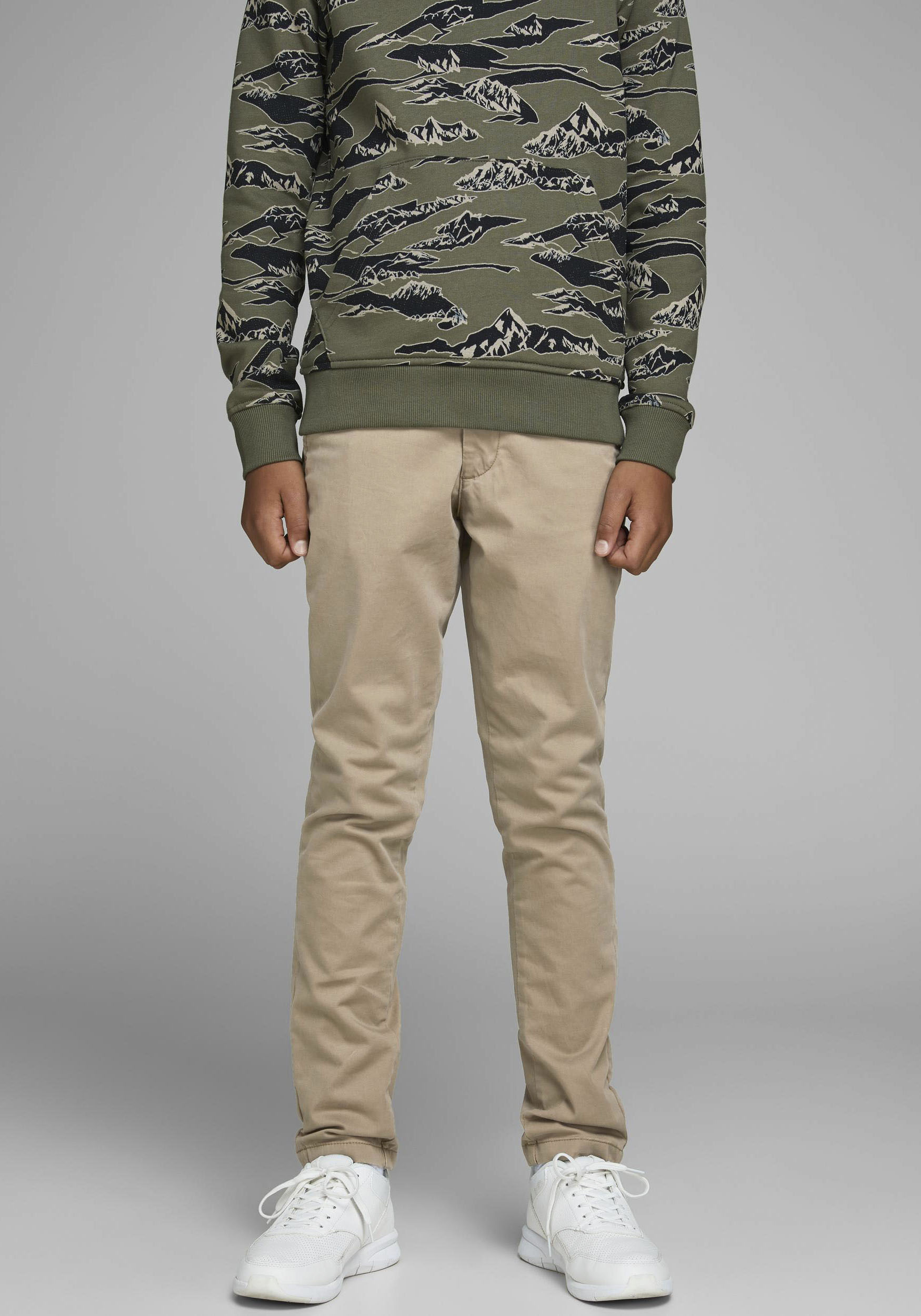 Chinos JACK & JONES JUNIOR "JPSTMARCO bequem, elastisch, pflegeleicht", Jungen, Gr. 152, N-Gr, beige, Web, Obermaterial: 98% Baumwolle, 2% Elasthan, unifarben, slim fit knöchellang, Hosen, unifarben, modisch, slim fit, Web Image