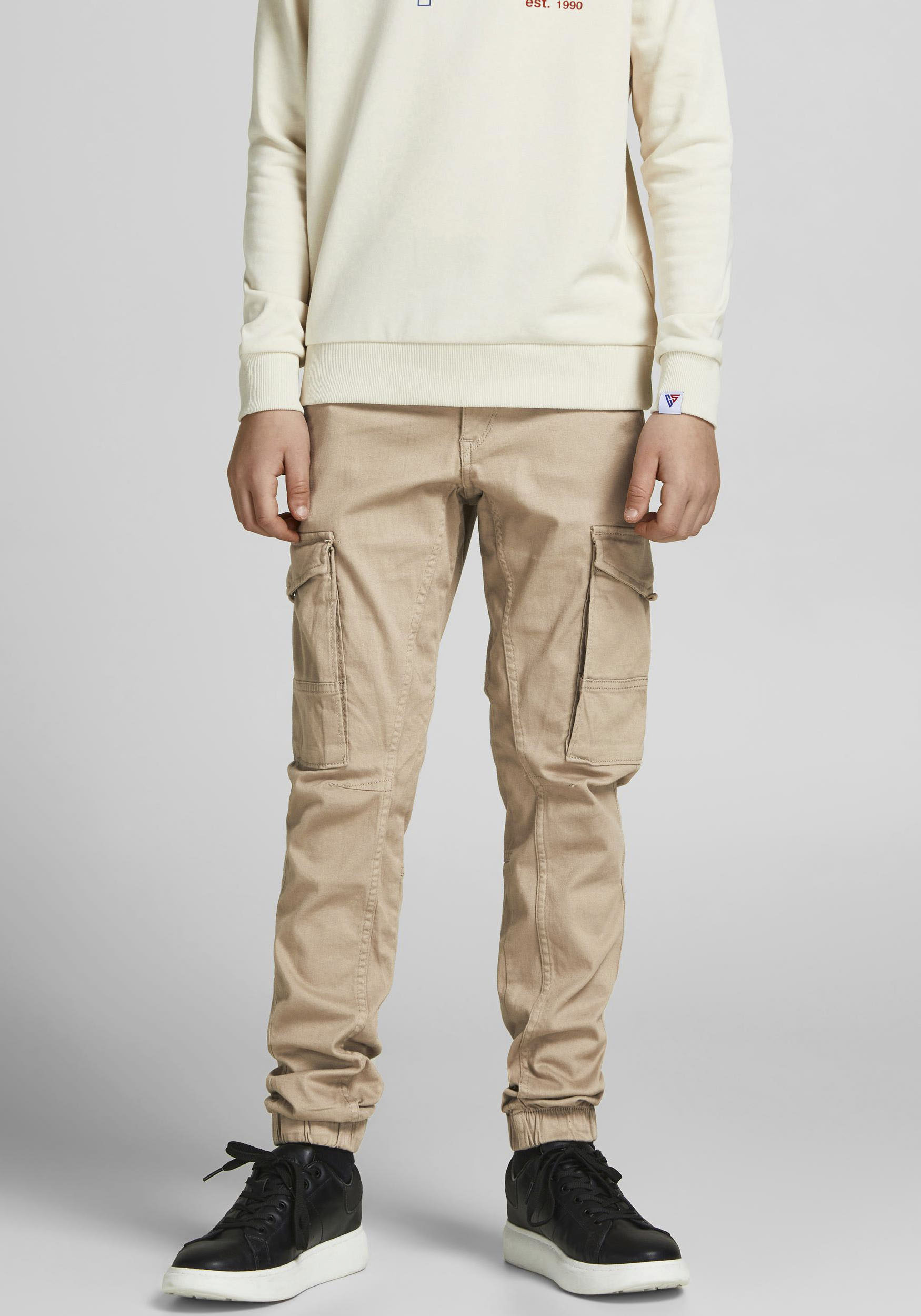 Cargohose JACK & JONES JUNIOR "JPSTPAUL JJFLAKE 1075 CROCKERY NOOS JNR", Jungen, Gr. 152, N-Gr, beige (crockery), Web, Obermaterial: 98% Baumwolle, 2% Elasthan, unifarben, Basic, slim fit normal, Hosen Image