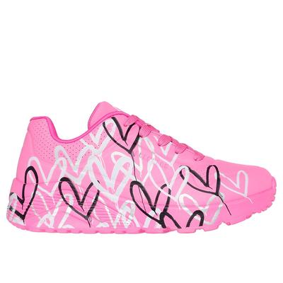 Skechers Girl's x JGoldcrown: Uno Lite - Metallic Love Sneaker | Size 2.0 | Hot Pink | Synthetic | Machine Washable