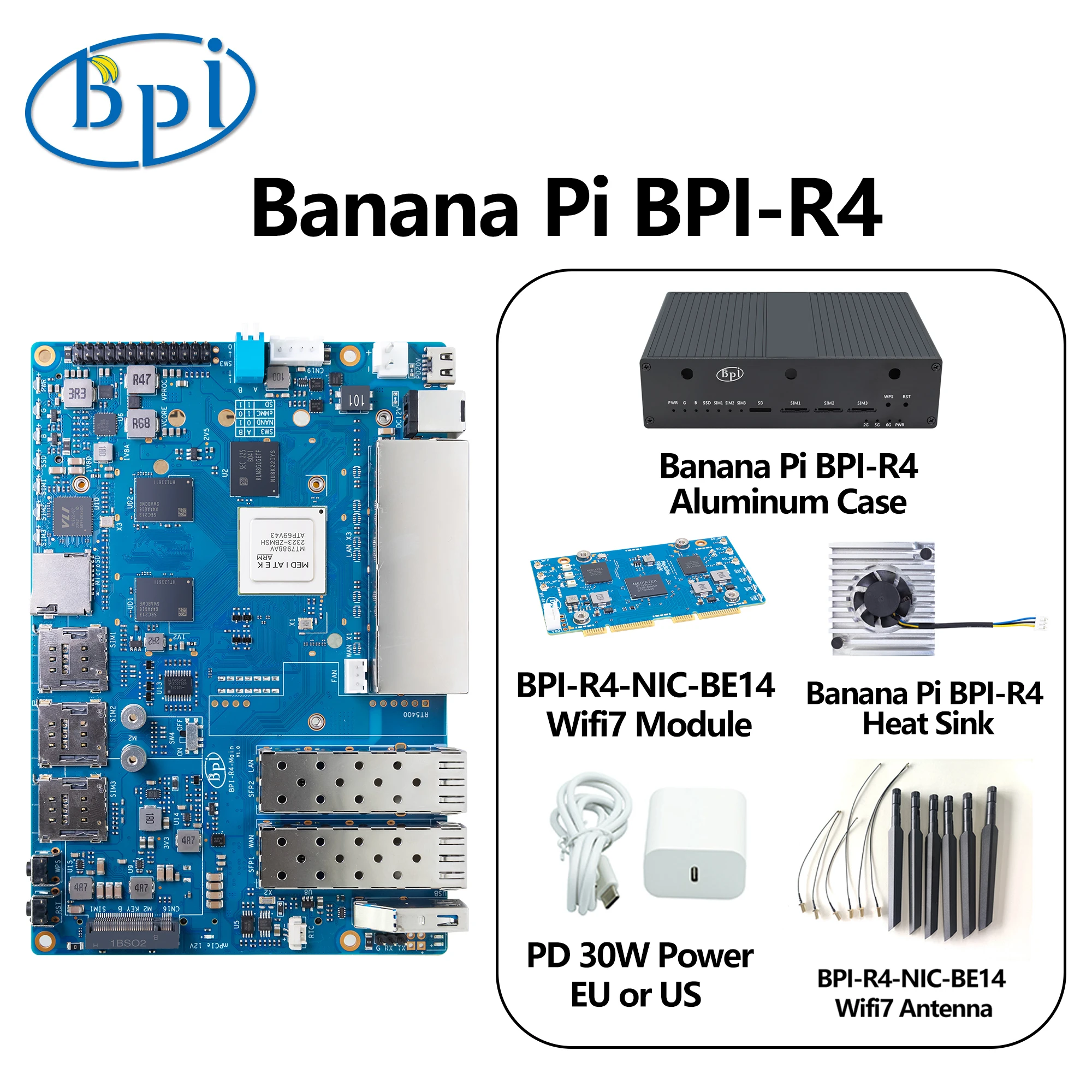 Banana Pi BPI-R4 Anzug mit Hüllen MediaTek MT7988A (Filogic 880) Quad-Core Arm Corex-A73 4 GB DDR4 8 GB eMMC Openwrt Router Board Image