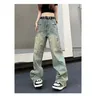 Frauen Patchwork detaillierte hoch taillierte lässige Jeans Straße coole Mädchen Hosen Vintage-Stil