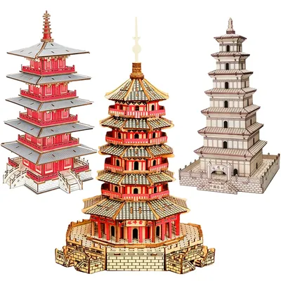 DIY 3D Jigsaw Leifeng Pagoda Wooden Puzzle Wenchang Tower Building Model Game Assembly Constructor