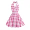 Vintage Kids Girl Plaid Swing Dress Elegant Summer Sleeveless Halter 50s Vestidos Midi Swing Pink