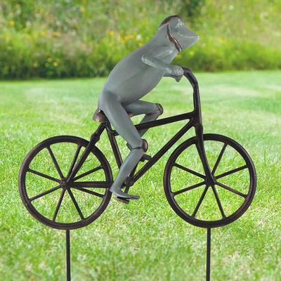 Bike Ride Frog Garden Sculpture Stake Bronze , Bronze