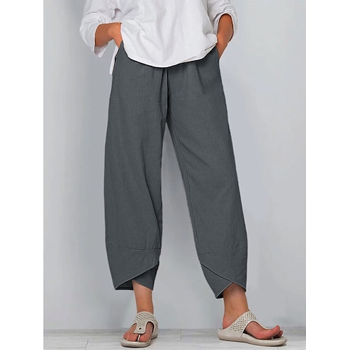 Damen-Caprihose aus 100 % Baumwolle, Sommerhose, lässige Alltagshose, knöchellang, naturfarben, schlicht, Seitentaschen, atmungsaktiv, bequem, ohne Gummizug, für Wochenende, schwarz, weinrot, grün, khaki, Frühling Sommer Image
