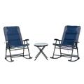 DremFaryoyo 3 Piece Outdoor Patio Set with Glass Coffee Table & 2 Folding Padded Rocking Chairs Bistro Style for Porch Camping Balcony Navy Blue