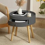 Modern Round Coffee Table with Drawer Wood Bedside Table Sofa Side Table End Table for Cabin Bedroom Living Room Oak Legs