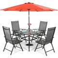 & William Outdoor 6 Pieces Dining Set with 4 Rattan Chairs 1 Metal Table and 1 10ft 3 Tier Auto-tilt Umbrella(No Base) Orange Red Modern Patio Furniture for Poolside Porch Patio