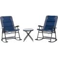 3 Piece Outdoor Patio Furniture Set with Glass Coffee Table & 2 Folding Padded Rocking Chairs Bistro Style for Porch Camping Balcony Navy Blue