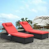 Outdoor Patio Chaise Lounge Chair beach chair with PE Rattan and Steel Frame PE Wickers chaise lounge chair outdoor with Reclining Adjustable Backrest Removable Cushions Sets of 2 Black+Red