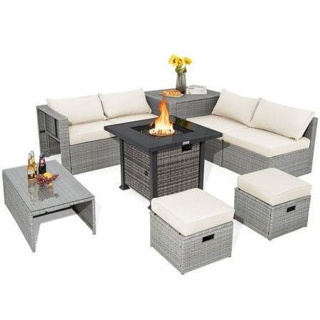 Spaco 9 Pieces Outdoor Patio Furniture Set with 32-Inch Propane Fire Pit Table-Off White Wicker Furniture Conversation Sets Coffee Table for Garden Poolside Backyard