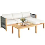 Canddidliike Patio Furniture Sets 3 Pieces Patio Acacia Wood Sofa Furniture Set with Nylon Rope Armrest-White Wicker Sofa Small Patio Conversation Couch for Garden Poolside