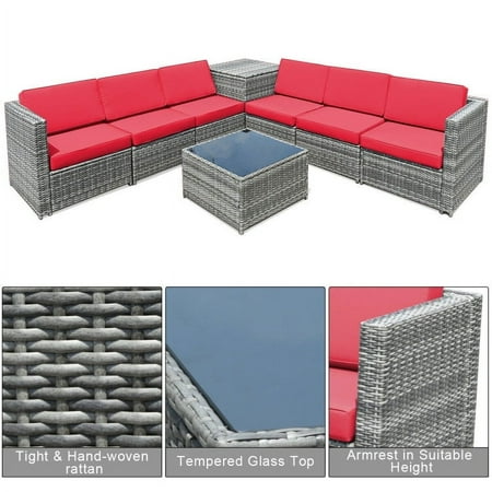 Canddidliike Patio Furniture Sets 8 Piece Wicker Sofa Rattan Dinning Set Patio Furniture with Storage Table-Red Wicker Sofa Small Patio Conversation Couch for Garden Poolside