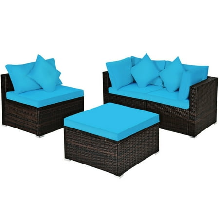 Spaco 4 Pcs Ottoman Garden Deck Patio Rattan Wicker Furniture Set Cushioned Sofa-Turquoise Wicker Furniture Conversation Sets Coffee Table for Garden Poolside Backyard