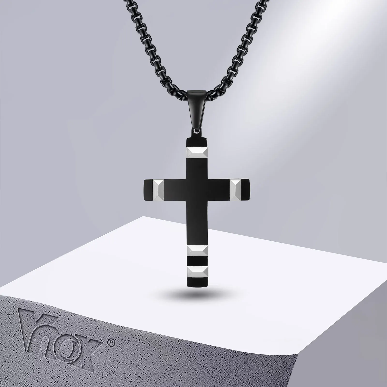 Vnox schwarz Kreuz Halsketten für Männer Jungen Edelstahl kühnen Metall Kreuz Anhänger Christus Glauben Gebet Kragen Schmuck Image
