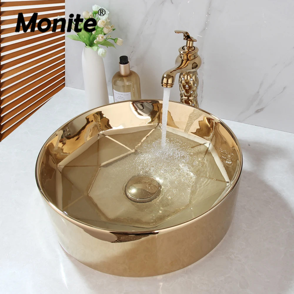 Monite Goldene Überzogene Keramik Runde Bad Kombinieren Wasserhahn Set Toilette Waschbecken Waschbecken Diamant Einstellung Mixer Wasserhahn w/ Pop Drain