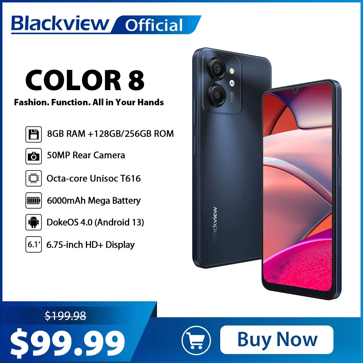 Blackview COLOR 8 Android 13 Smartphone 6,75 Zoll Display 90 Hz 128 GB/256 GB 50 MP Rückfahrkamera 6000 mAh Akku 18 W Schnellladung GPS Image