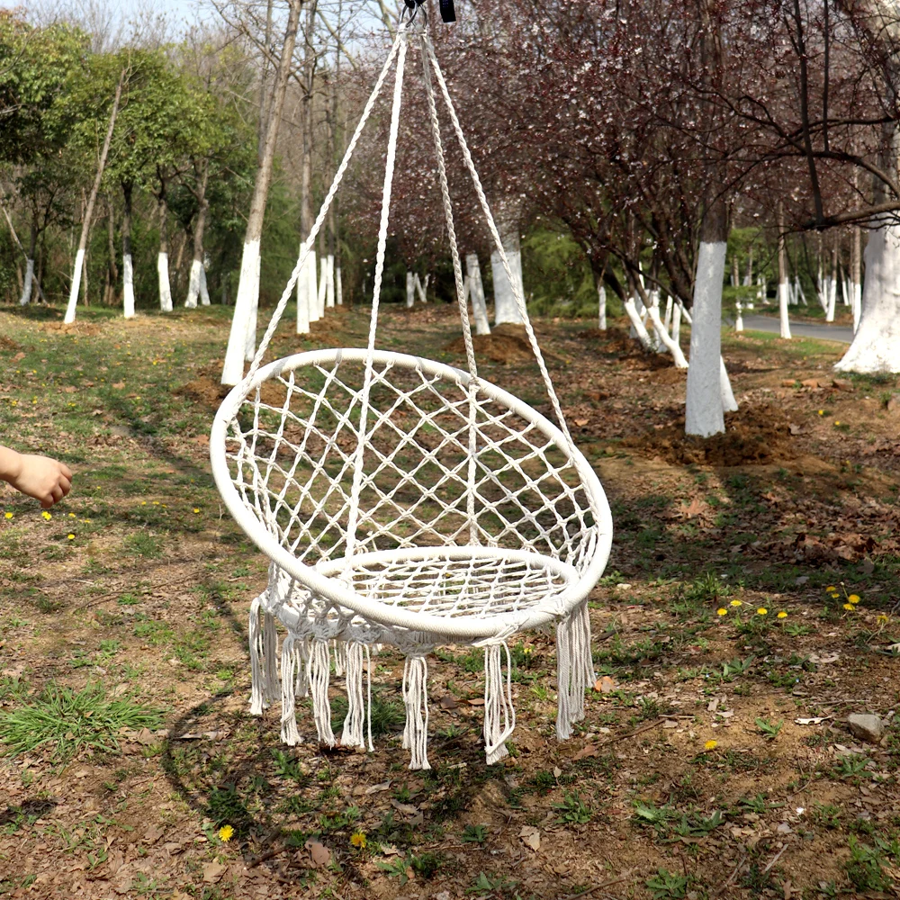 Feistel Garten-Hängesessel, weißer Hängematten-Rundstuhl mit Baumwollquasten-Stil für Balkon und Hof, Schwarz und Weiß