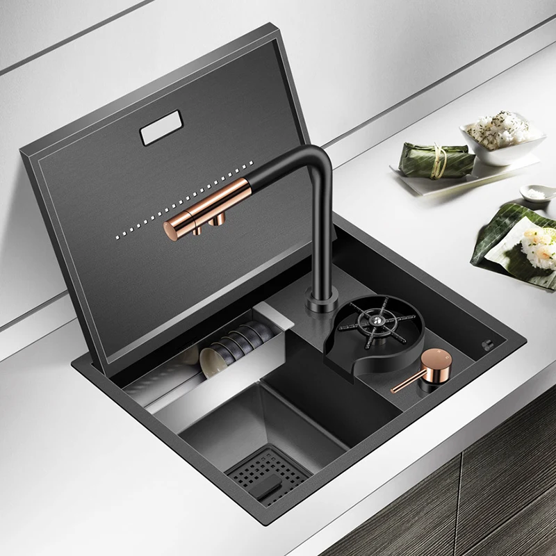 Nanometro Nascosto Bar Isola lavello da cucina in acciaio inossidabile 304 Flip Cover Lavelli da cucina di piccole dimensioni fatti a mano nascosti con sciacquatrice per tazze