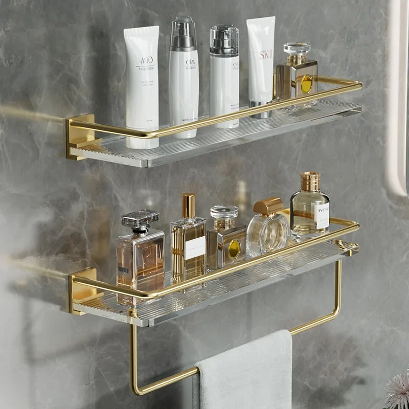 Support de rangement de salle de bain en acrylique doré, support de rangement de serviettes de salle de bain, support d'angle mural, étagère d'angle d'accessoires de salle de bain