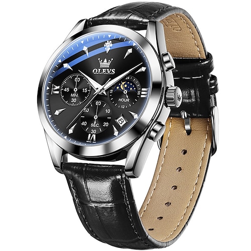 OLEVS Herren Quarz Uhr Mode Casual Armbanduhr Mondphase Leuchtender Kalender Chronograph Lederarmband Uhr Image