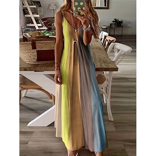 Maxikleid für Damen, ärmellos, Farbverlauf, pastellfarbener Regenbogen, Rundhalsausschnitt, fließend, Bohème-Stil, lässige Sommer-Strandmode, normale bis große Größe Image