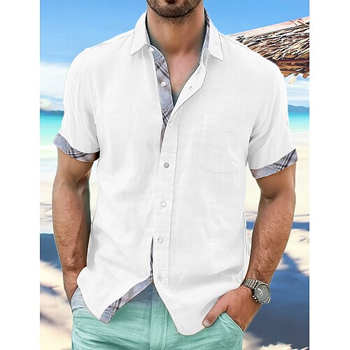 Herren leinenhemd Sommerhemd Strandbekleidung Lässiges Hemd Knopfhemd Glatt Urlaub Curise Weiß Blau Grün Khaki Kurzarm Kargen Frühling Sommer Bekleidung Vordertasche Image