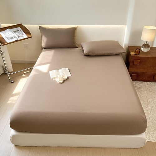 1 Stück Spannbettlaken aus 100 % Baumwolle, einfarbiger Bettbezug, elastischer Matratzenbezug, Einzel- und Doppelbett-Deluxe-Doppelbettbezug, mehrere Größen erhältlich Image