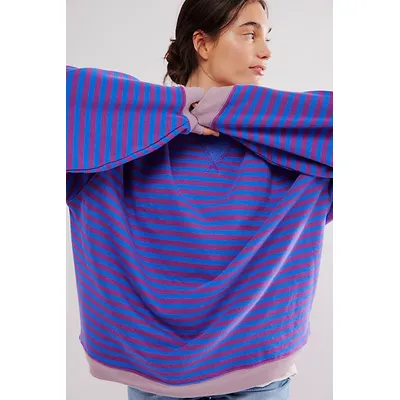 Classic Striped Oversized Crewneck by We The Free at Free People in Plum Combo, Size: XS