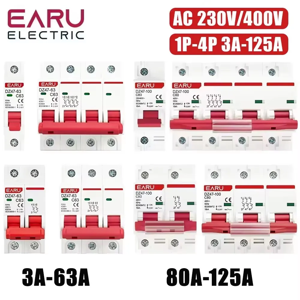 1P 2P 3P 4P DZ47 3A-125A AC 230V 400V C-Typ Mini-Leitungsschutzschalter MCB Kurzschluss-Überlastschutz DIN-Schienenmontage Abschaltleistung Image