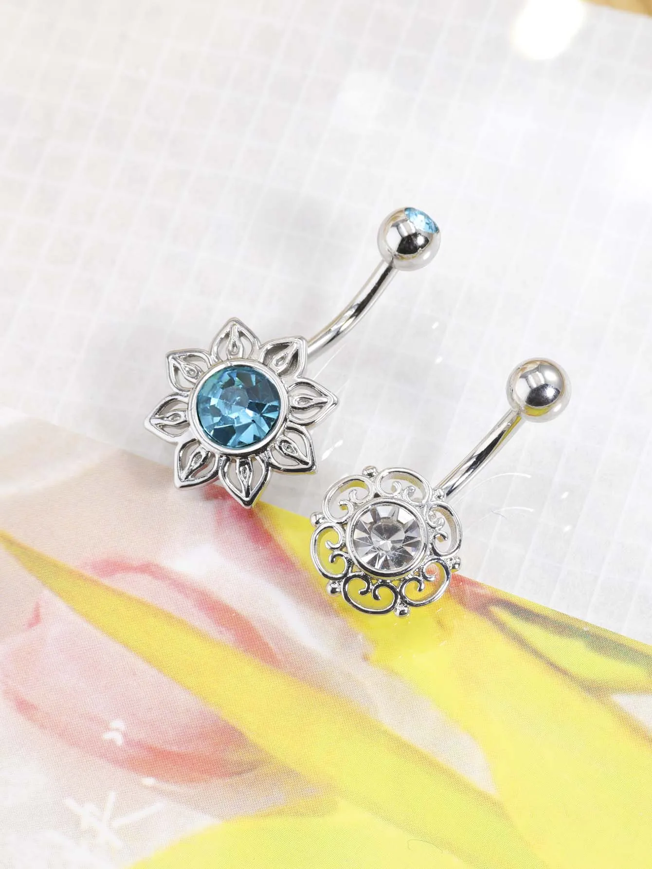 1 Stück blauer Kristall, Sonnenblume, Nabelring, Edelstahl, aushöhlen, Bauchnabelring, Ohrstecker, Bauch, Nabelschnur, Bauchnabelpiercing für Damen Image