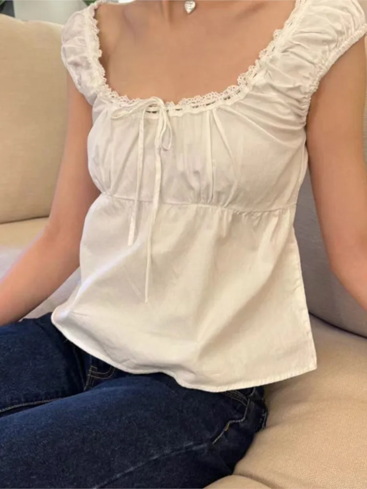 Weiße Spitzen-T-Shirts mit quadratischem Ausschnitt für den Sommer, schickes, elegantes Kurzarm-T-Shirt aus Baumwolle, Y2K Street Casual Bow Tie-up Top für Damen
