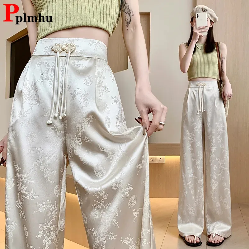 Frauen Satin Finish Lose Gerade Hosen Frühling Herbst Casual Hohe Taille Pantalones 2024 Solide Streetwear Vintage Breite Bein Spodnie Image