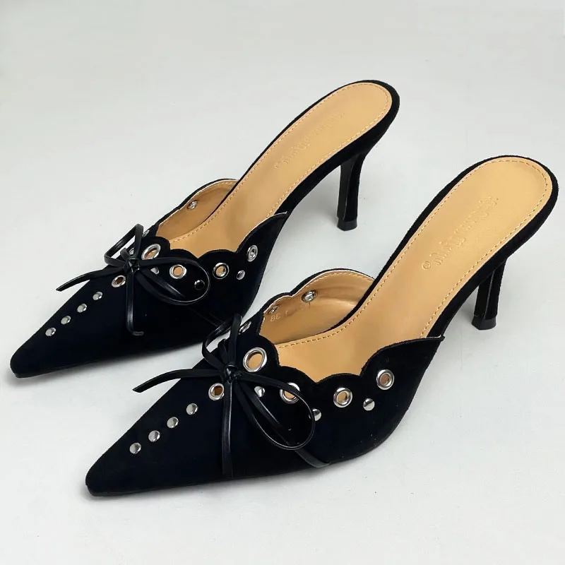 Moda décolleté con nodo a farfalla diapositive nuove calzature con tacchi donna muli donna punta a punta rivetto donna tacchi alti scarpe pantofole