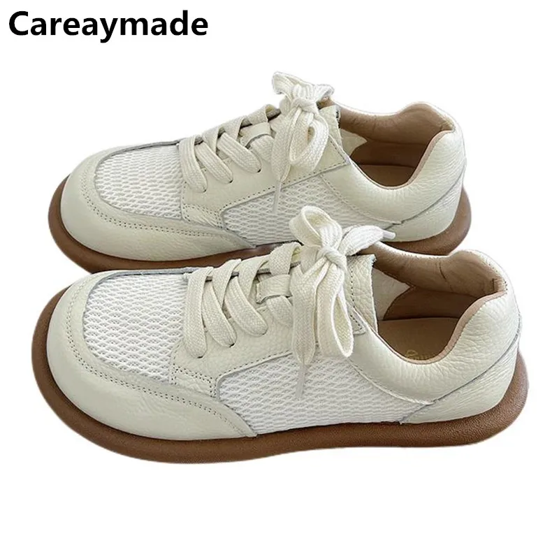 Careaymade-Handarbeit Aus Echtem leder Sommer mesh einzelnen schuhe frauen casual flache sandalen Literarischen kuh leder kleine weiße schuhe