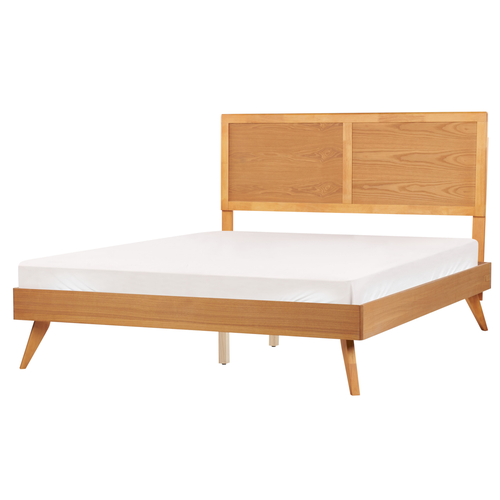 Bett Heller Holzfarbton MDF-Platte mit Lattenrost 160 x 200 cm Hohes Kopfteil Holzbeine Rustikal Klassich Schlafzimmer Doppelbett