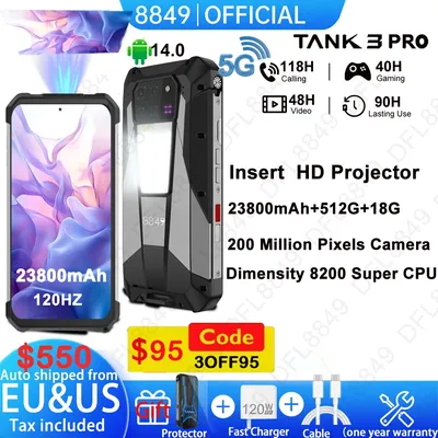 EU MX Warehouse 8849 Tank 3 Pro by Unihertz Rugged Smartphone 5G with 100 Lumens Projector 32/36GB 512GB 23800mAh Cell Phones