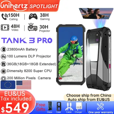 Unihertz Tank 3 Pro 8849 Rugged Smartphone android 5G with 100 Lumens Projector 32/36GB 512GB 23800mAh Waterproof 200MP phones