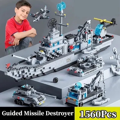 1560pcs 6 IN 1 Military Navy Ship Sets Building Blocks War Army Boat Plane Model Toys for Boys
