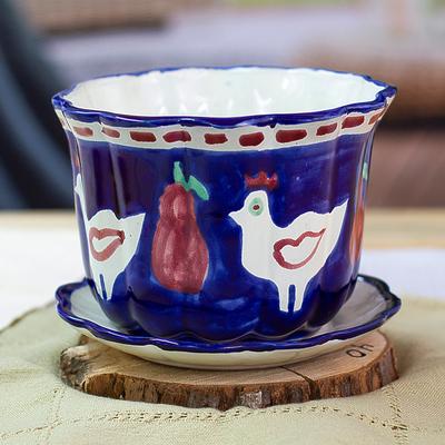 'Dove and Fruit-Themed Blue Ceramic Flower Pot and Saucer'