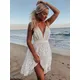 Mode sexy Spaghetti träger weißes Kleid Frau Sommer Stickerei Mesh Spitze rücken freies Strand kleid