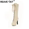 REAVE CAT Britische Damen-Kniehohe Stiefel mit runder Spitze, Schnürung, 12 cm, Plattformen, Spike-Heels, Schuhe, Größe 31–45, Weiß, A4206